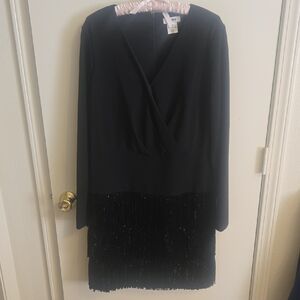 DKNY Black Long Sleeve Dress with Fringe
